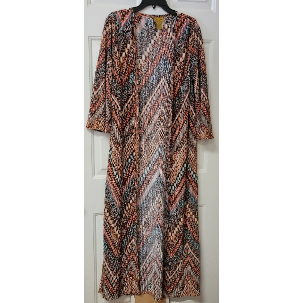 Wrangler Crinkle Tribal Aztec Geometric Kimono Duster Southwestern Orange Aqua L